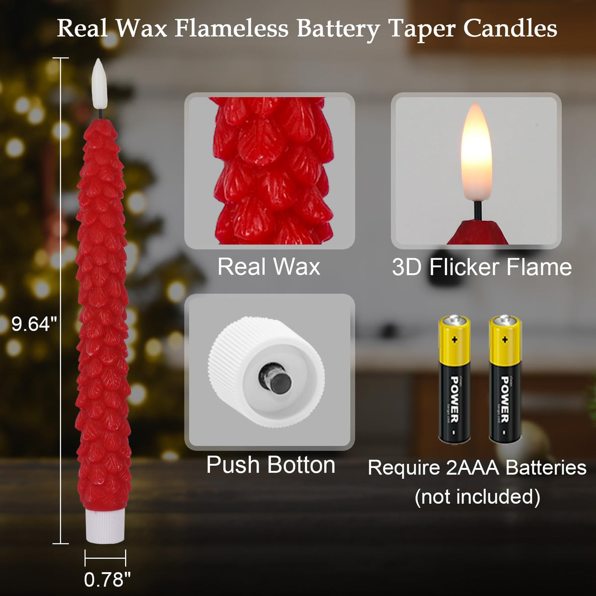 Green Christmas Tree Flameless Taper Candles Battery Operated Remote Timer