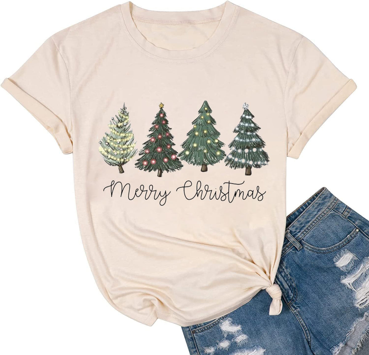 hcihgzr Christmas Shirts for Women Merry and Bright Christmas Shirt Xmas Tree Graphic Holiday T-Shirt Tops