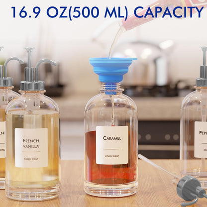 16.9 Oz (500 Ml) Coffee Syrup Dispenser Set- 4 Glass Bottles with Gold Pumper and Syrup Labels