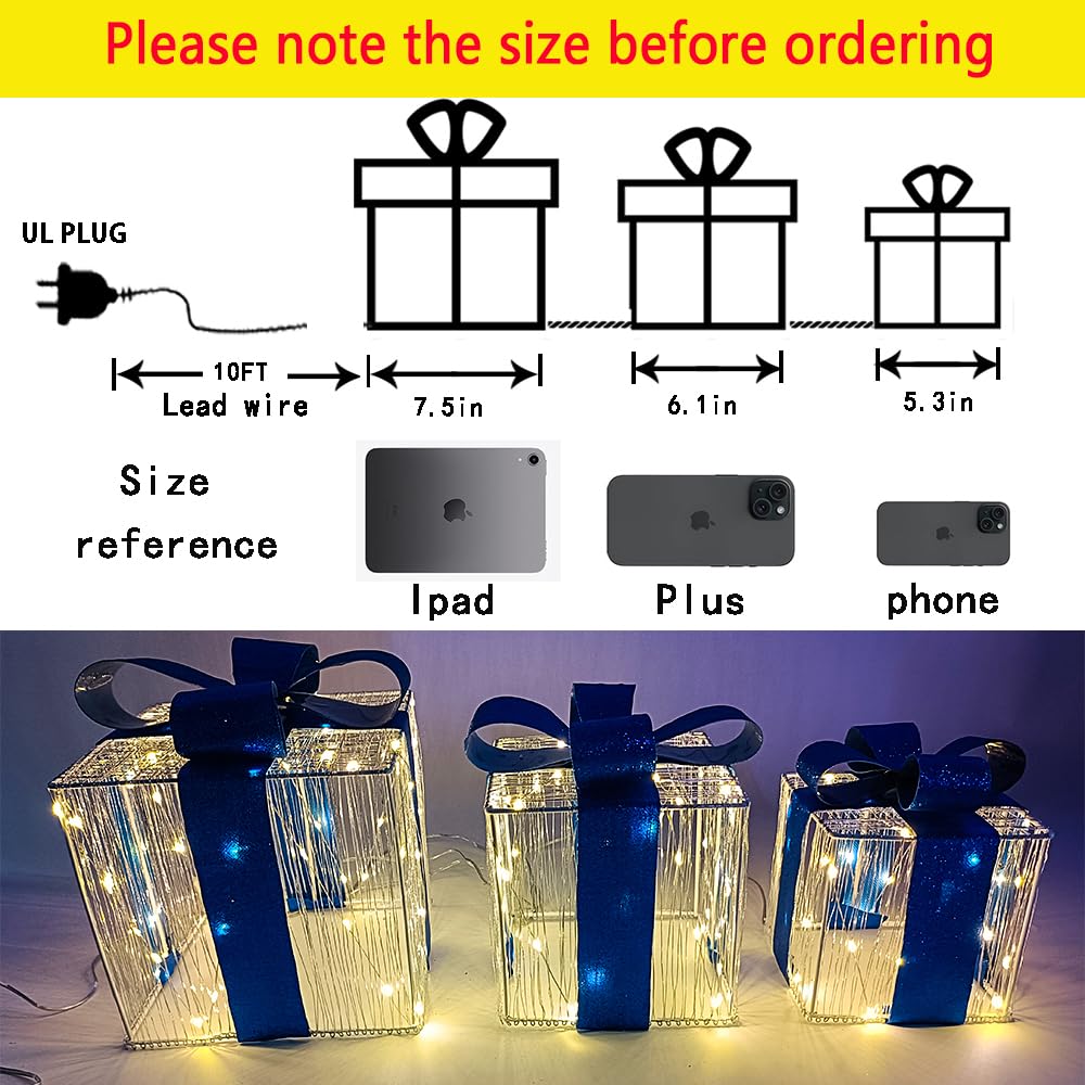 Christmas Decorations, Purtuemy Set of 3 Christmas Lighted Gift Boxes 140 LED Light Up Present Ornament for Tree Indoor Outdoor Yard Holiday Door,warm White