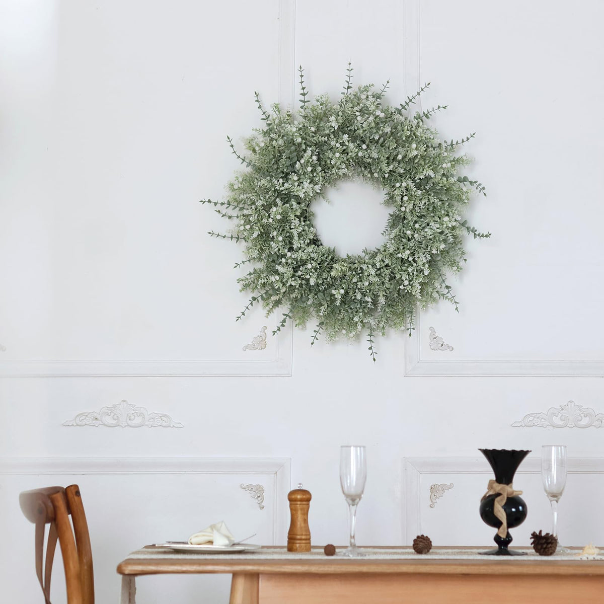 32" Large Artificial Eucalyptus Wreath for Front Door(white-Green) | Weather Resistant,lifelike Eucalyptus Lavender with Babys Breath Flowers Wreath,for Home Farmhouse Wall Year-Round Use Decor
