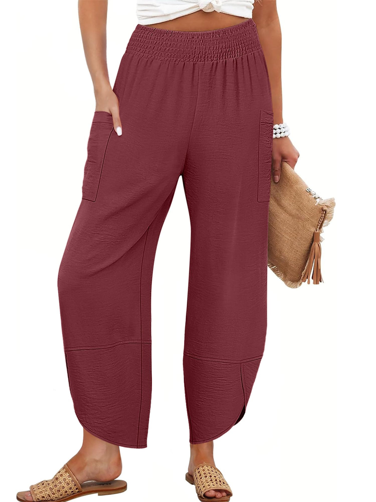 Anrabess Womens Wide Leg Palazzo Capri Pants Summer Casual High Waisted Barrel Lounge Flowy Cropped Beach Work Trousers