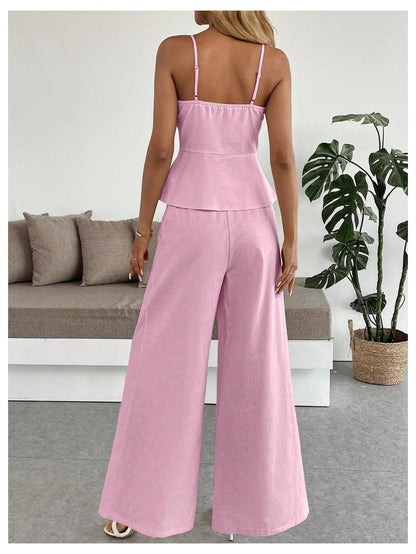 SOLY HUX Women's 2 Piece Outfit Button Down Peplum Cami Wide Leg Pants Set