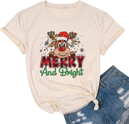 hcihgzr Christmas Shirts for Women Merry and Bright Christmas Shirt Xmas Tree Graphic Holiday T-Shirt Tops