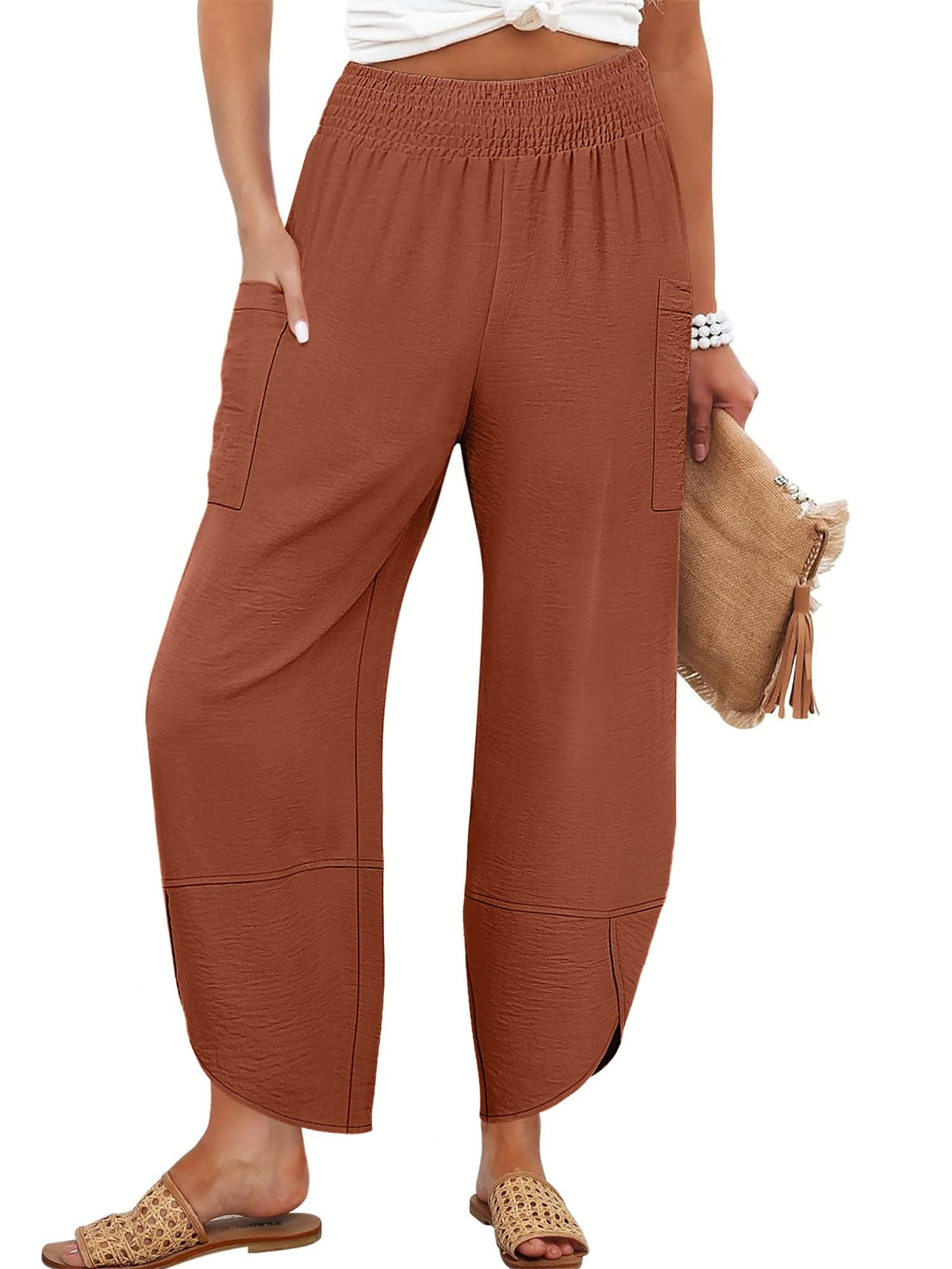 Anrabess Womens Wide Leg Palazzo Capri Pants Summer Casual High Waisted Barrel Lounge Flowy Cropped Beach Work Trousers