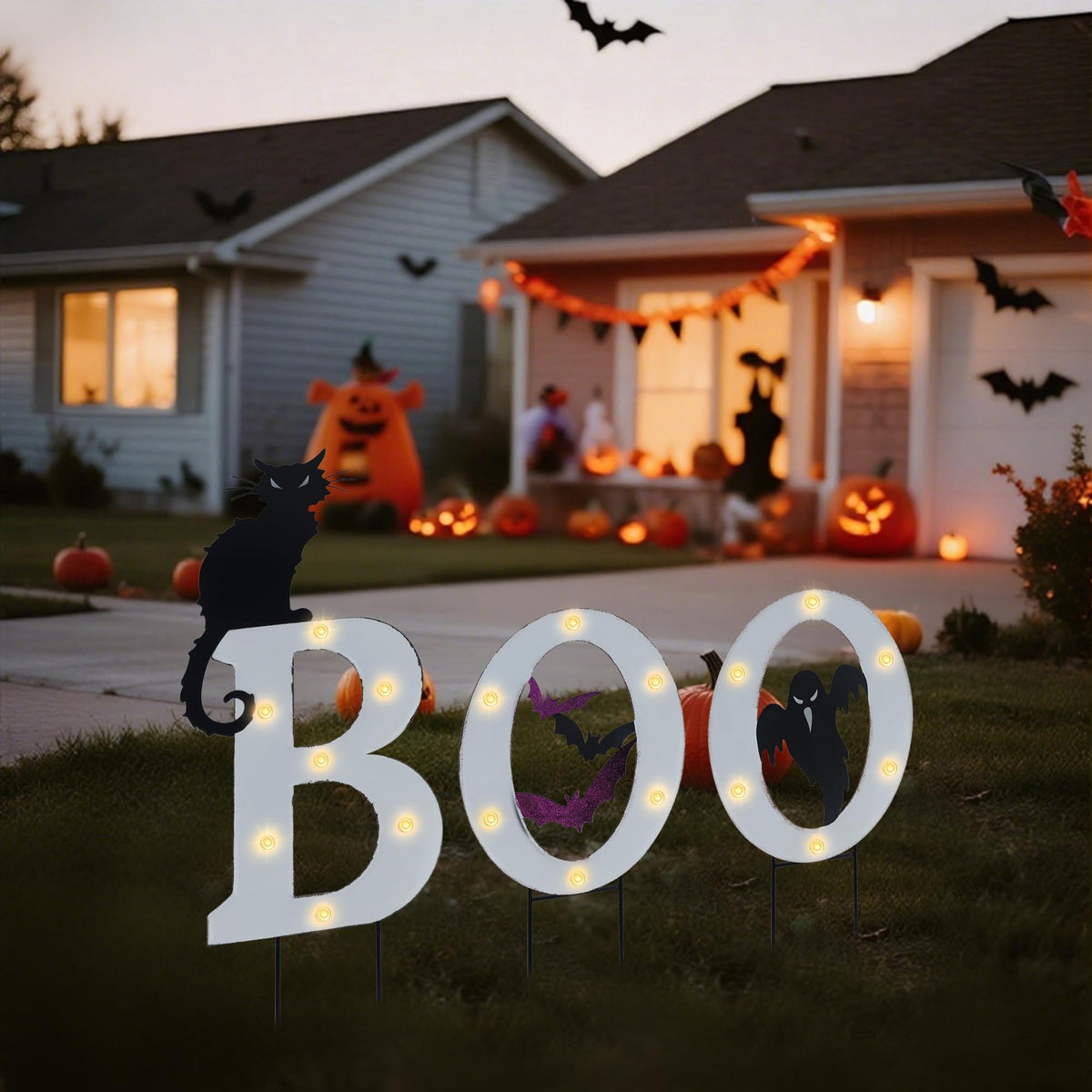 Prsildan 3 Pack Halloween Decorations Outdoor Solar Lighted Boo Yard Sign | Waterproof Metal Lawn Stakes, Solar-Powered, Bats, Cat & Ghost, for Front Yard, Porch, Garden, Spooky Halloween Party Decor