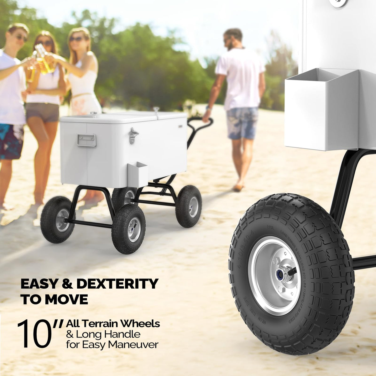 Vingli 80 Quart Wagon Rolling Cooler Ice Chest, W/Long Handle and 10" Wheels