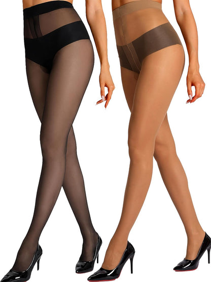 HONENNA Sheer Tights for Women 2 Pairs Ultra Thin Reinforced T Crotch Control Top Pantyhose Stockings