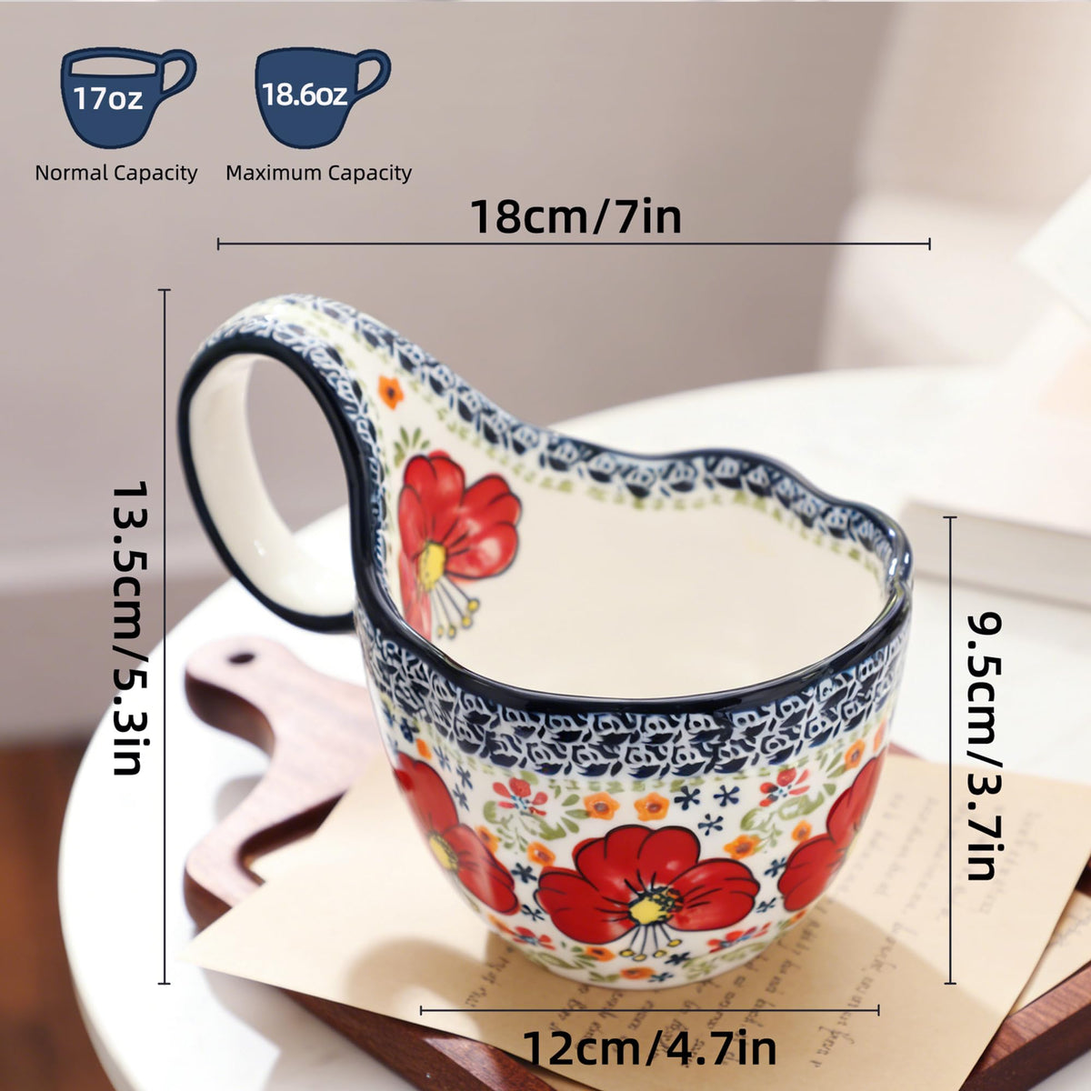 Alma Handpainted Microwavable Soup Bowl with Loop Handle 18.6Oz, Cereal Bowl with Handle