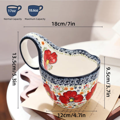 Alma Handpainted Microwavable Soup Bowl with Loop Handle 18.6Oz, Cereal Bowl with Handle