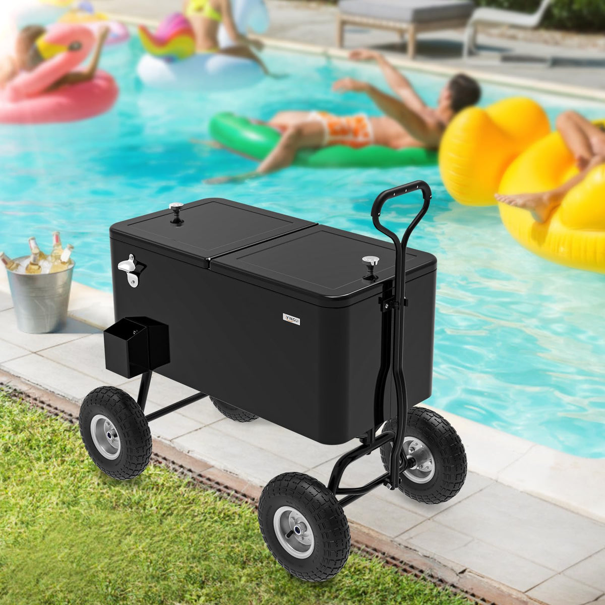 Vingli 80 Quart Wagon Rolling Cooler Ice Chest, W/Long Handle and 10" Wheels