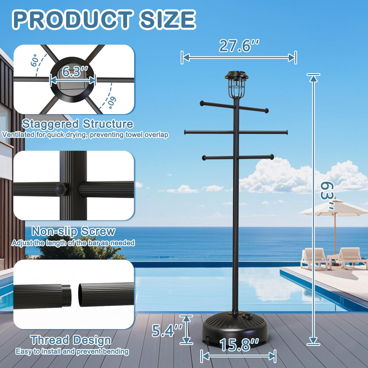 Solar Light Pool Towel Rack with Wheels – 63" Tall Adjustable Outdoor Towel Rack for Patio, Bathroom, Hot Tub