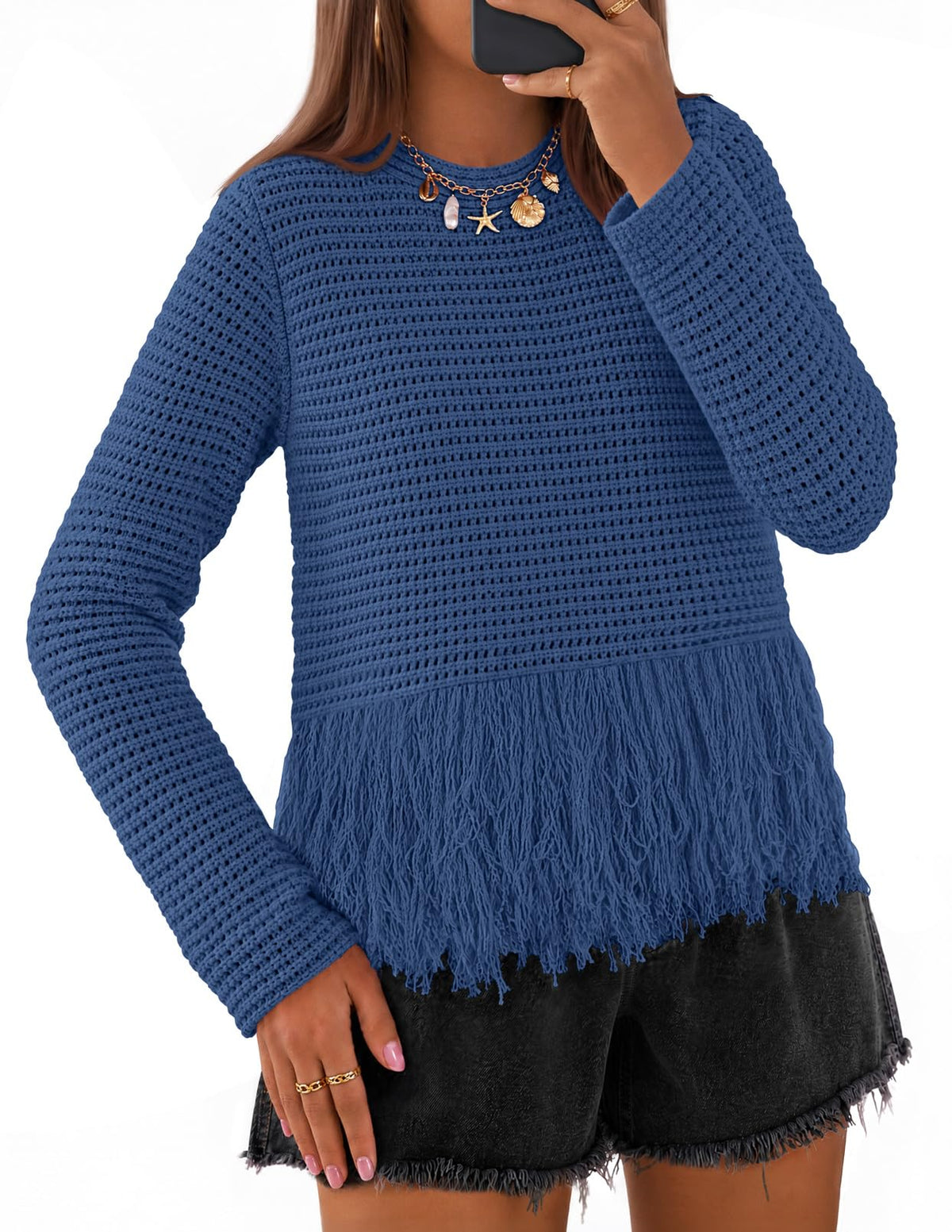 MEROKEETY Women's Fall Fashion Crochet Fringe Sweater Tops Boho Pullover