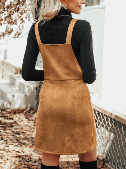 CUPSHE Faux Suede Mini Fall Dresses for Women Square Neck Pull Ring Zipper Front Pockets Wide Straps Casual Autumn Dress