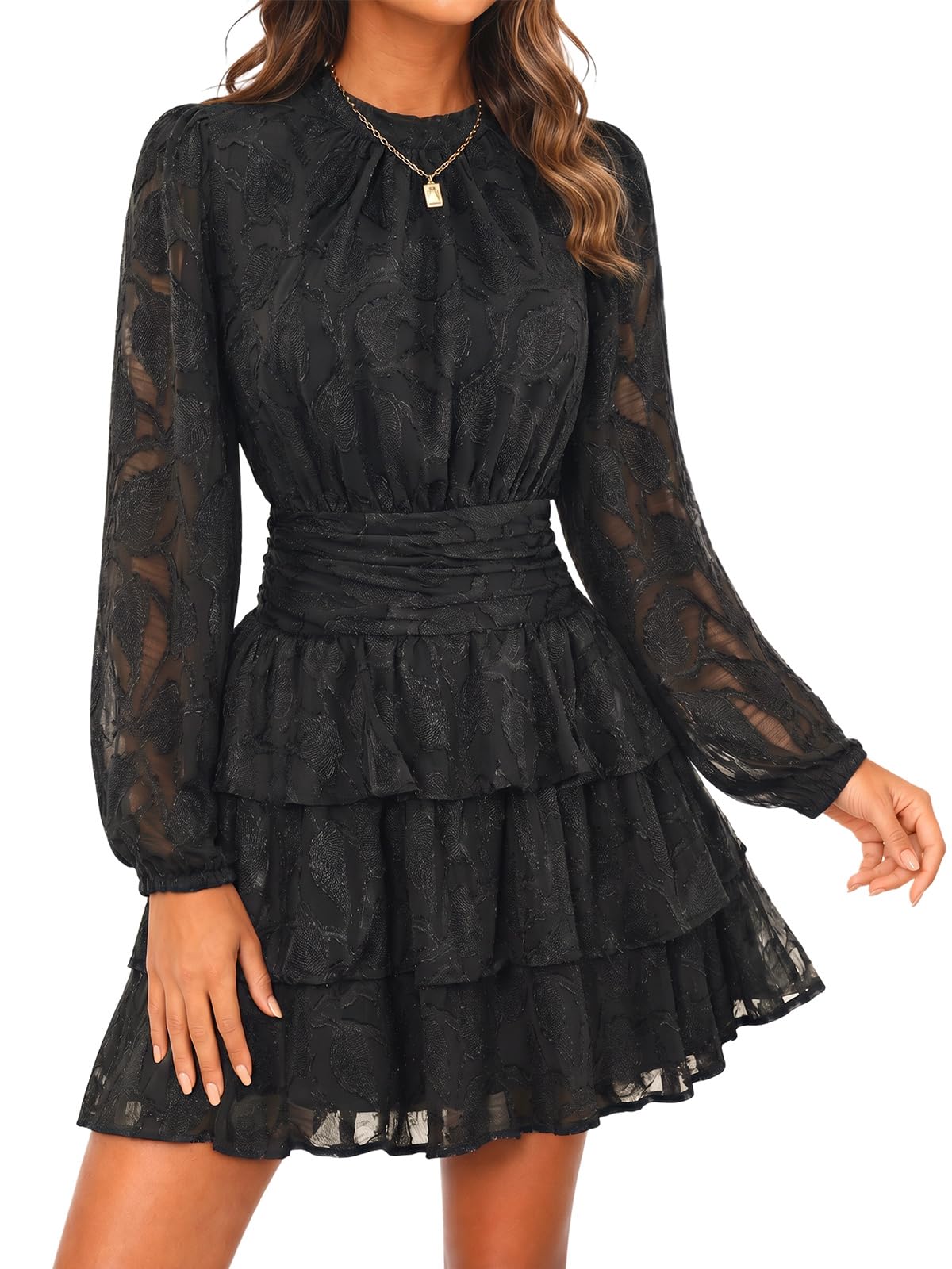 Wenrine Womens Long Sleeve Lace Mini Dress