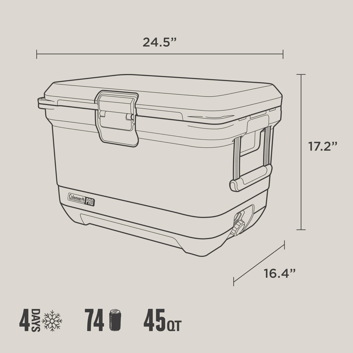 Coleman Pro Heavy-Duty 45qt Ultra-Light Premium Hard Cooler, Extra-Thick Insulation Keeps Ice Up to 4 Days, 74-Can Capacity