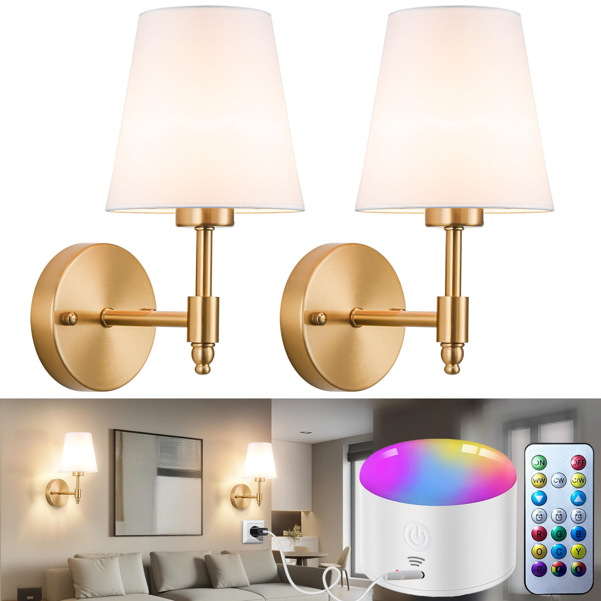 Yhcdlamp Battery Operated Wall Sconce Light with Remote Control, Dimmable Wall Sconce Set of 2