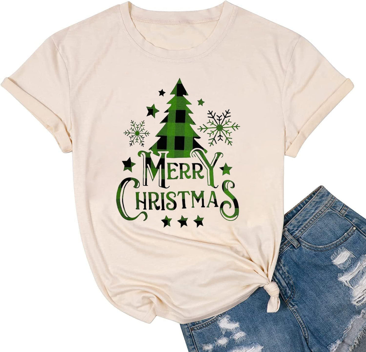 hcihgzr Christmas Shirts for Women Merry and Bright Christmas Shirt Xmas Tree Graphic Holiday T-Shirt Tops