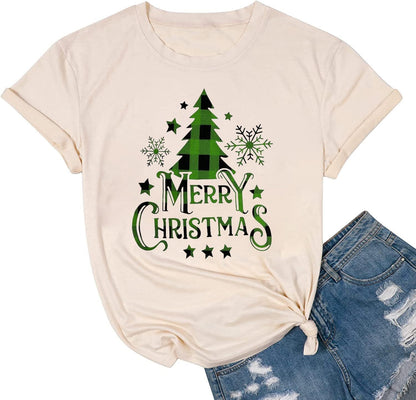 hcihgzr Christmas Shirts for Women Merry and Bright Christmas Shirt Xmas Tree Graphic Holiday T-Shirt Tops