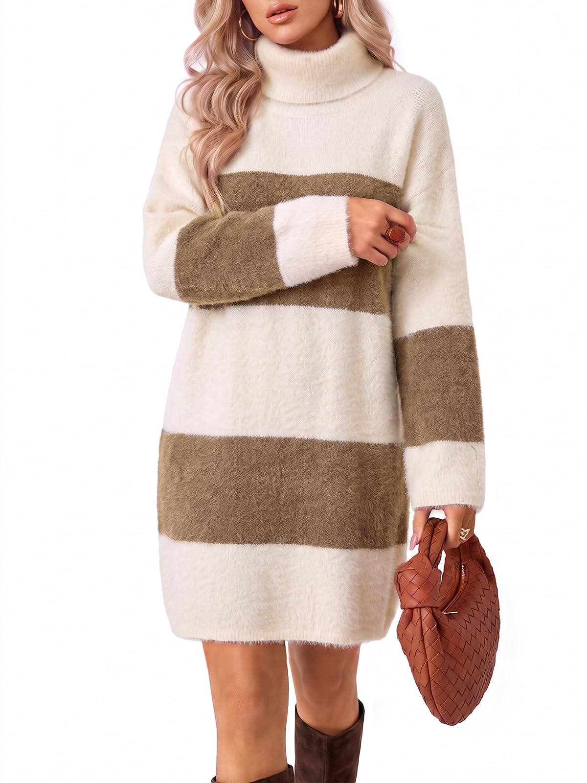 Wenrine Women Oversized Striped Sweater Dress Fall Long Sleeve Knit Dresses