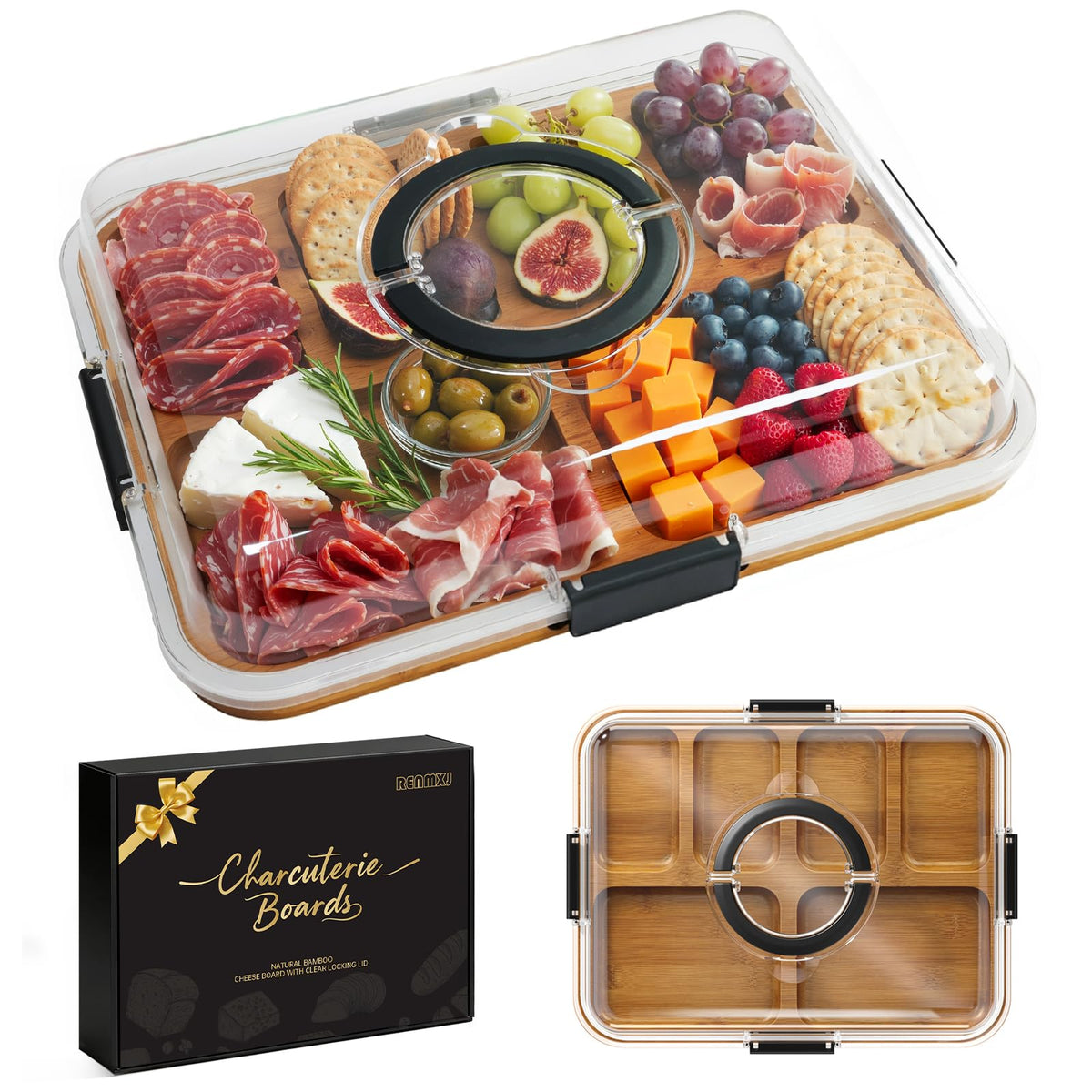 Renmxj Portable Charcuterie Boards with Lid, Cheese, Veggie & Snack Tray