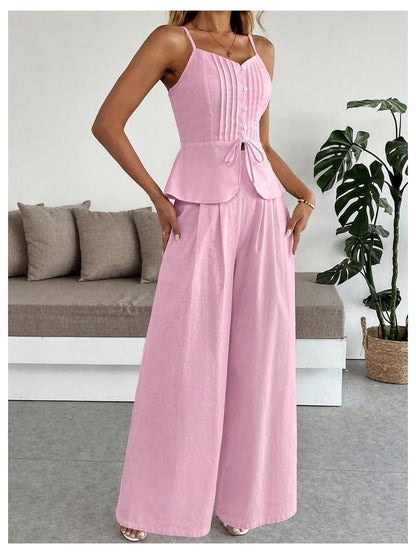 SOLY HUX Women's 2 Piece Outfit Button Down Peplum Cami Wide Leg Pants Set