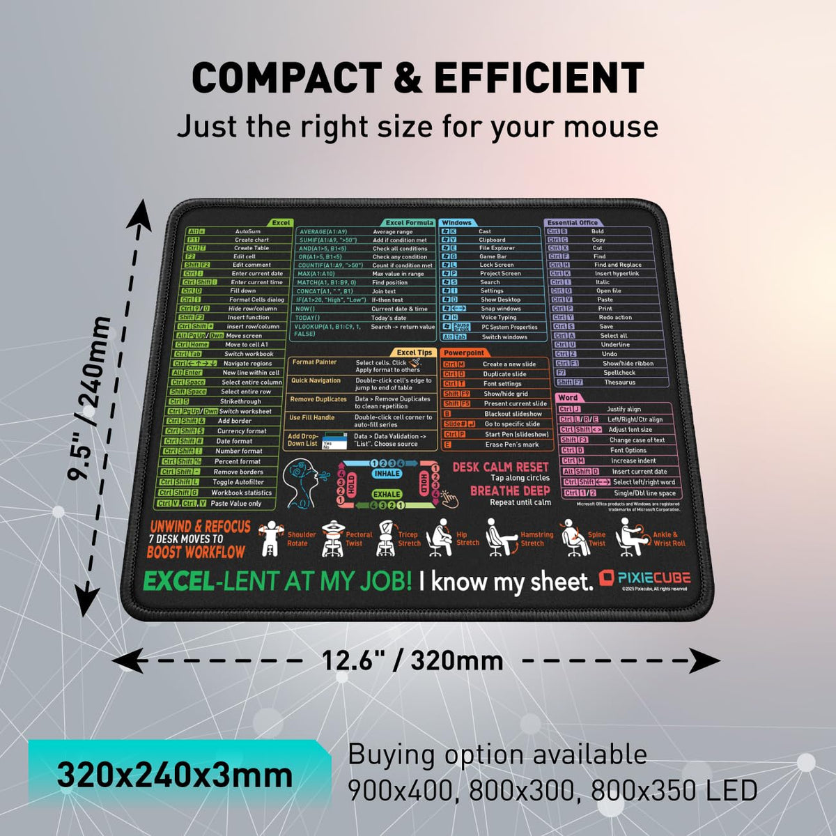 Pixiecube Excel Cheat Sheet Desk Pad | Excel Shortcut Keys Mouse Pad | Extended Large XL Gaming Mousepad | Pc Office Spreadsheet Keyboard Mat | Non-Slip Stitched Edge