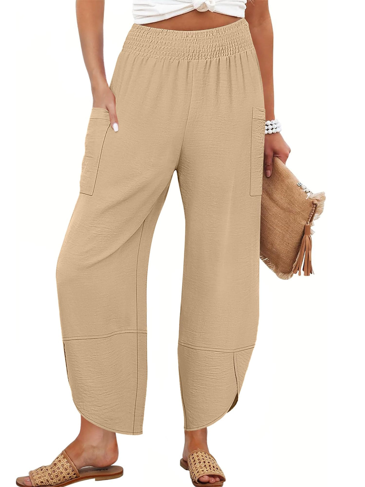 Anrabess Womens Wide Leg Palazzo Capri Pants Summer Casual High Waisted Barrel Lounge Flowy Cropped Beach Work Trousers