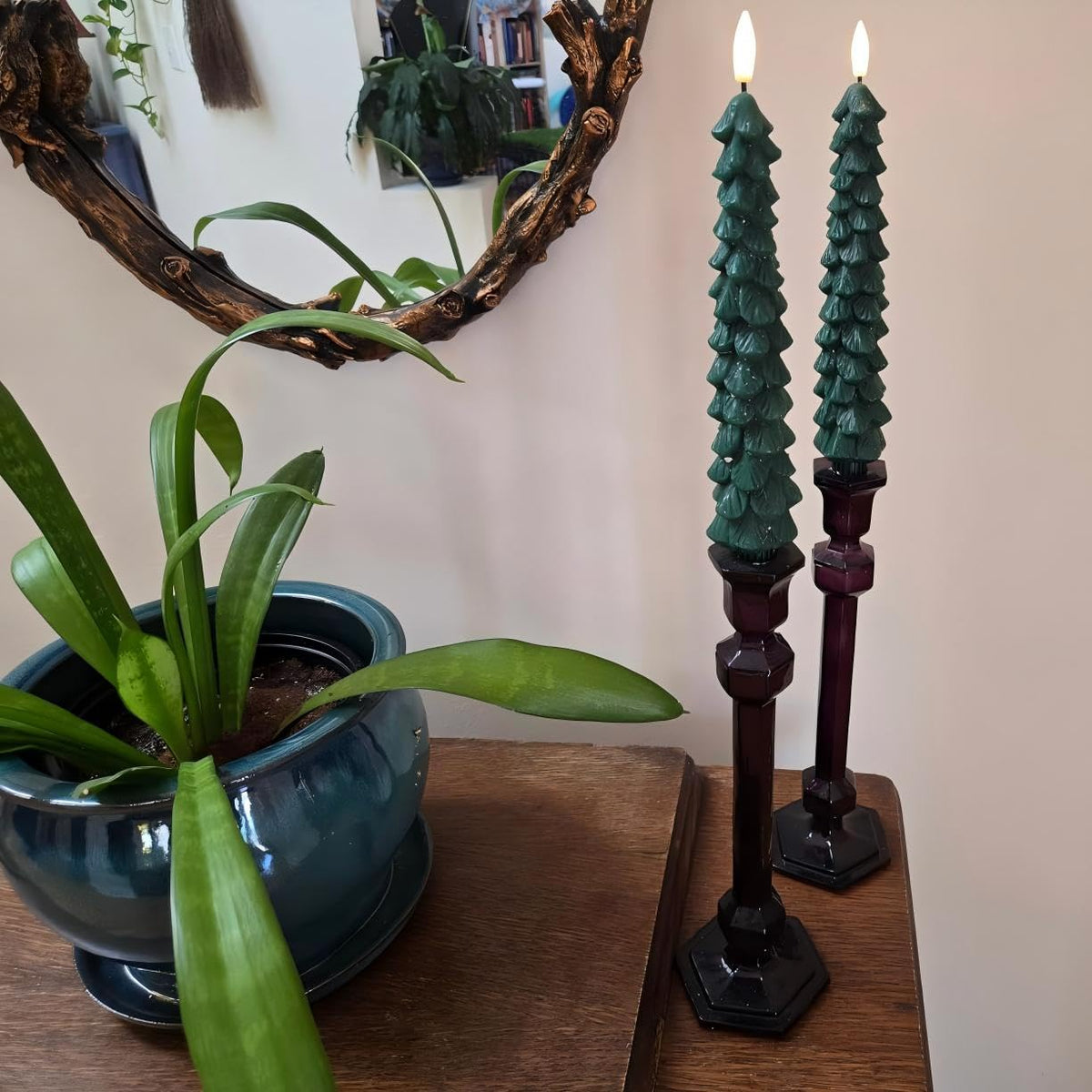 Green Christmas Tree Flameless Taper Candles Battery Operated Remote Timer