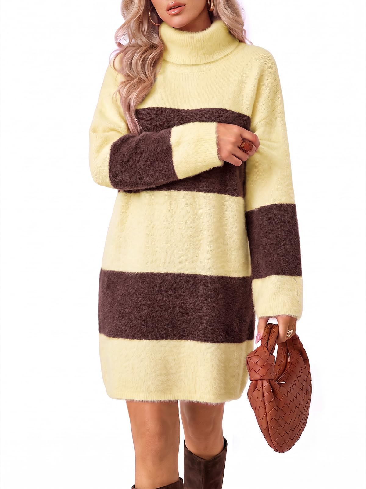 Wenrine Women Oversized Striped Sweater Dress Fall Long Sleeve Knit Dresses