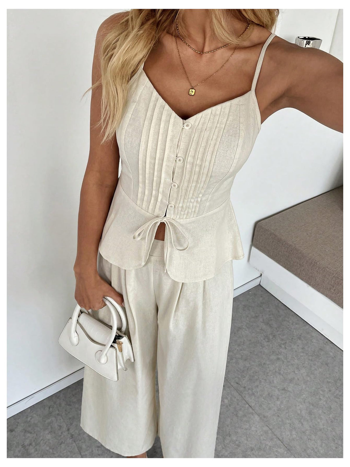 SOLY HUX Women's 2 Piece Outfit Button Down Peplum Cami Wide Leg Pants Set