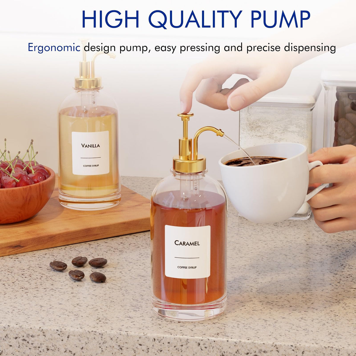 16.9 Oz (500 Ml) Coffee Syrup Dispenser Set- 4 Glass Bottles with Gold Pumper and Syrup Labels
