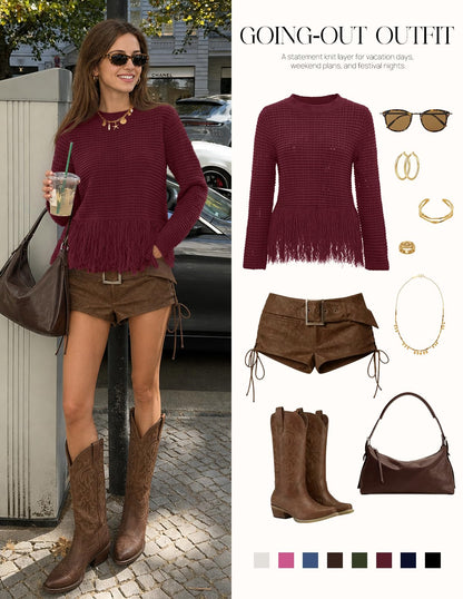 MEROKEETY Women's Fall Fashion Crochet Fringe Sweater Tops Boho Pullover