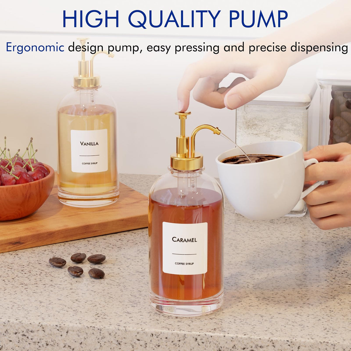 16.9 Oz (500 Ml) Coffee Syrup Dispenser Set- 4 Glass Bottles with Gold Pumper and Syrup Labels