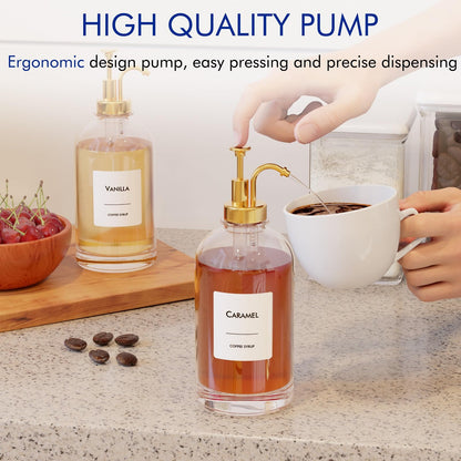 16.9 Oz (500 Ml) Coffee Syrup Dispenser Set- 4 Glass Bottles with Gold Pumper and Syrup Labels