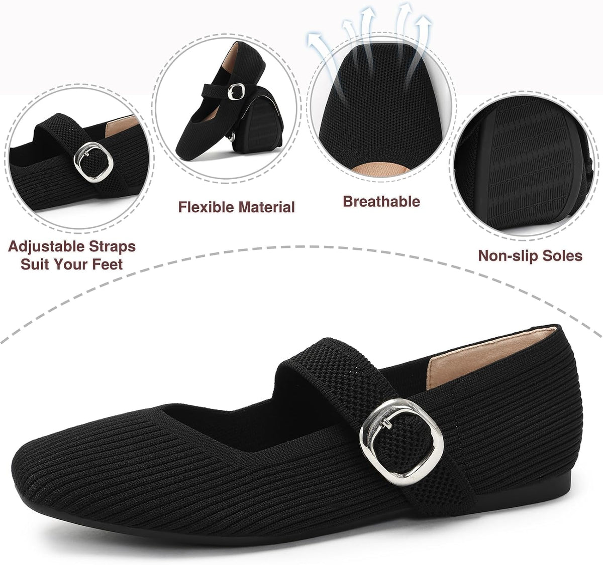 Women's Mesh Mary Jane Flats, Soft Square Toe Ballet Shoes for Work