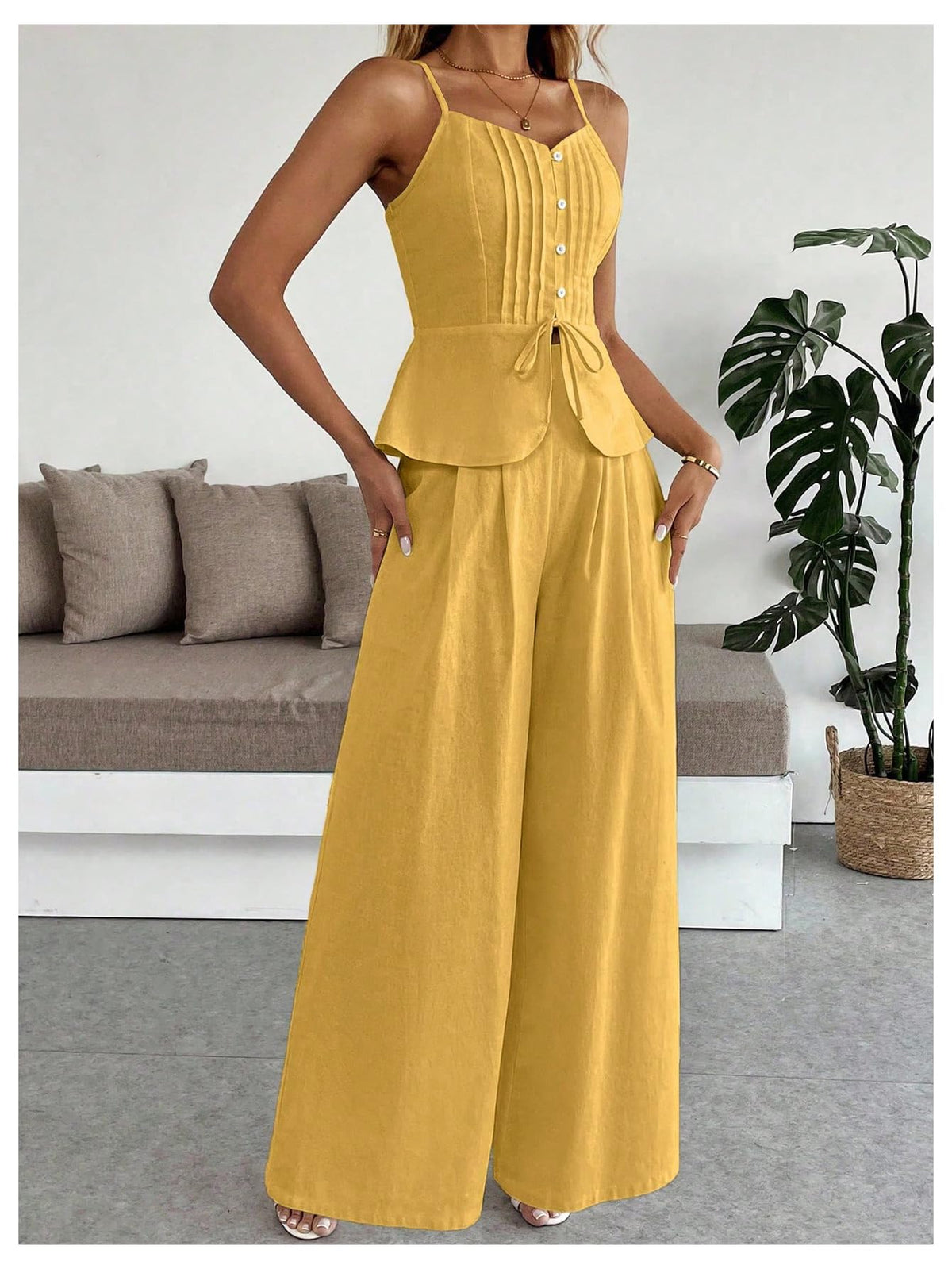 SOLY HUX Women's 2 Piece Outfit Button Down Peplum Cami Wide Leg Pants Set