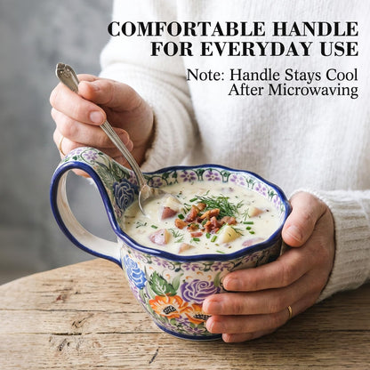 Alma Handpainted Microwavable Soup Bowl with Loop Handle 18.6Oz, Cereal Bowl with Handle
