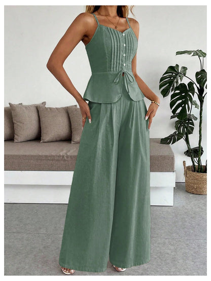 SOLY HUX Women's 2 Piece Outfit Button Down Peplum Cami Wide Leg Pants Set