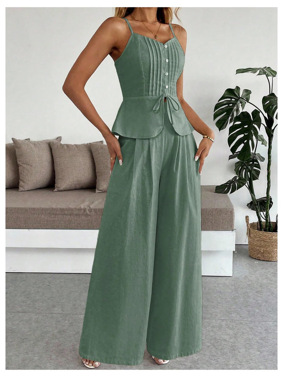 SOLY HUX Women's 2 Piece Outfit Button Down Peplum Cami Wide Leg Pants Set
