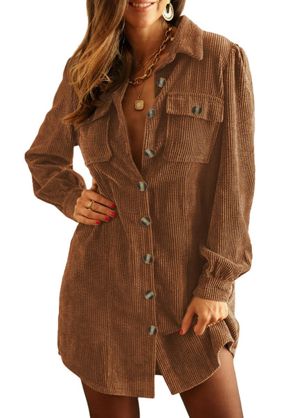 Women's Corduroy Long Sleeve Button Work Tunic Short Dresses