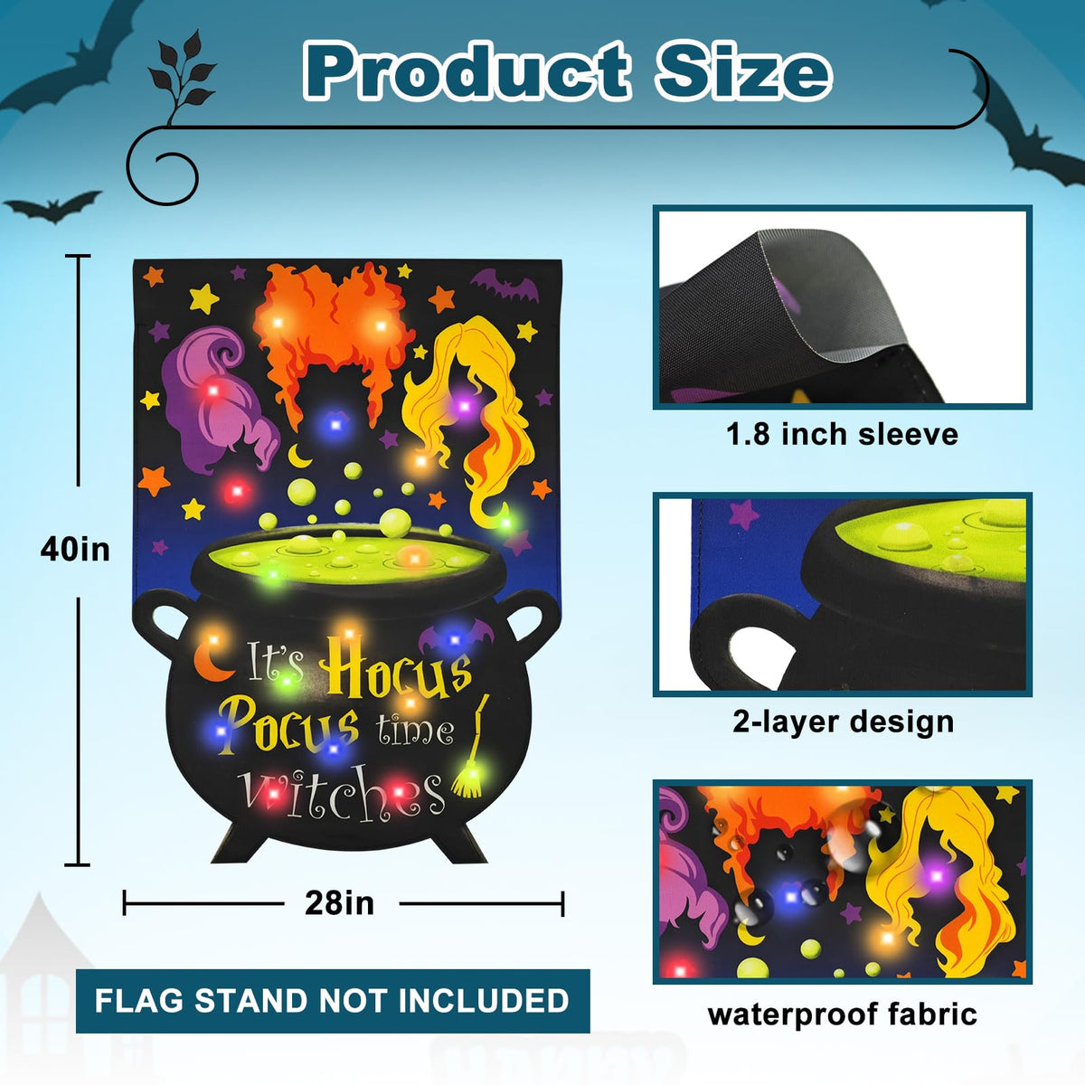 Halloween Lighted Garden Flag for Outside, LED Solar Yard Flag 8 Modes Witch Feet Shape Flag, 28x40 Double Sided Cauldron Eyeball Black Cat Decorations for Home Porch