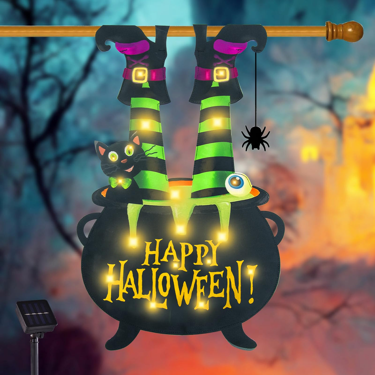 Halloween Lighted Garden Flag for Outside, LED Solar Yard Flag 8 Modes Witch Feet Shape Flag, 28x40 Double Sided Cauldron Eyeball Black Cat Decorations for Home Porch