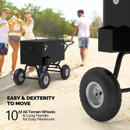Vingli 80 Quart Wagon Rolling Cooler Ice Chest, W/Long Handle and 10" Wheels