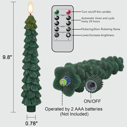 Green Christmas Tree Flameless Taper Candles Battery Operated Remote Timer