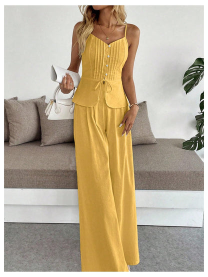 SOLY HUX Women's 2 Piece Outfit Button Down Peplum Cami Wide Leg Pants Set