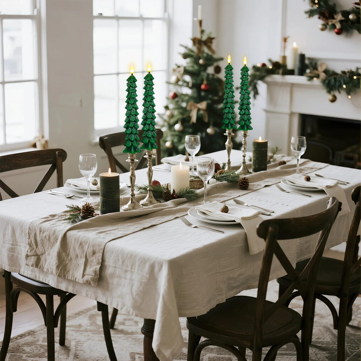 Green Christmas Tree Flameless Taper Candles Battery Operated Remote Timer