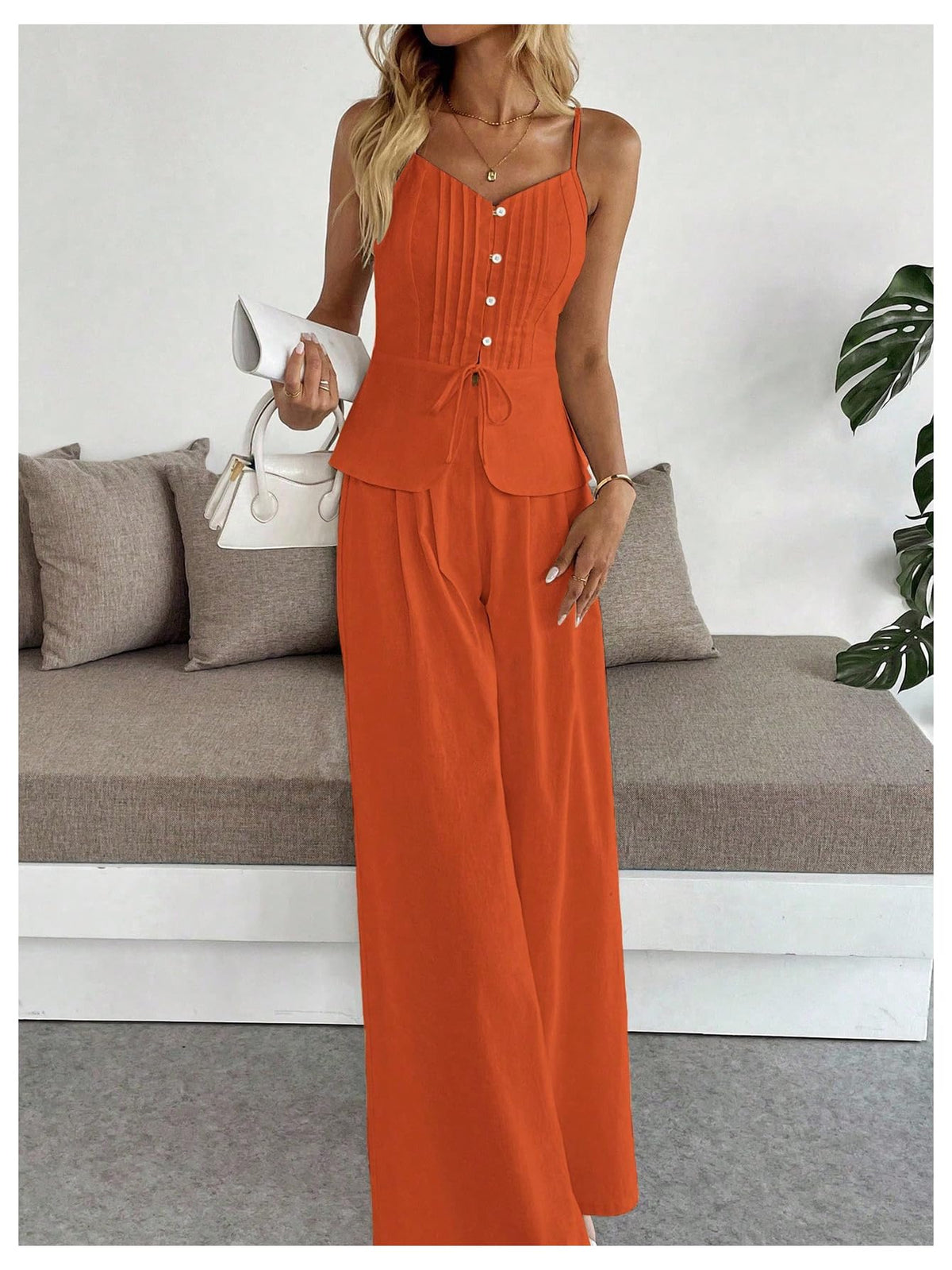 SOLY HUX Women's 2 Piece Outfit Button Down Peplum Cami Wide Leg Pants Set