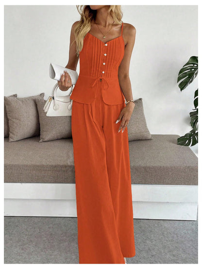 SOLY HUX Women's 2 Piece Outfit Button Down Peplum Cami Wide Leg Pants Set