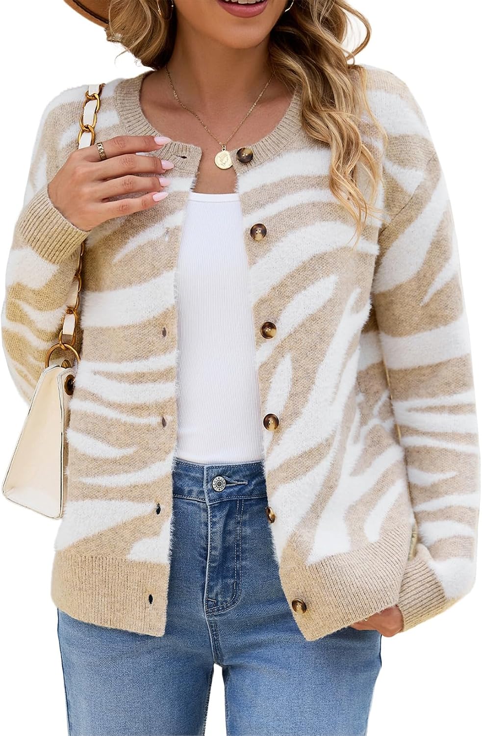Sidefeel Women's Long Sleeve Crewneck Animal Print Cardigan Sweater